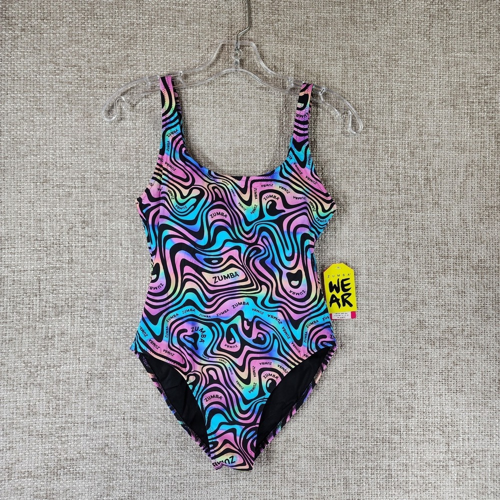 Zumba Swim One Piece Swimsuit Womens Small Multicolor Swirl Lined Shelf‎ Bra NWT